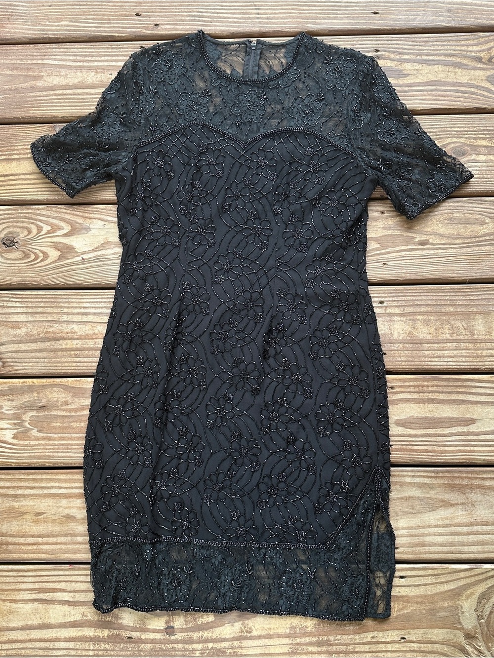 Vintage Beaded Drama Black Beaded Cocktail Dress | Sheer Mesh | Size Small